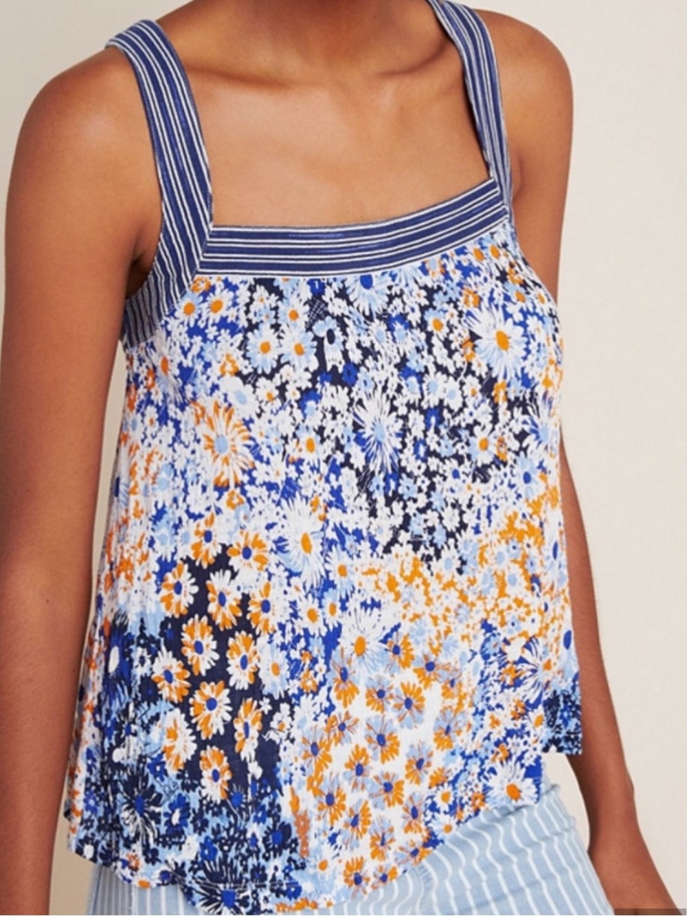 Maeve by Anthropogie Floral Blue Striped-Trim Sleeveless Women's Top